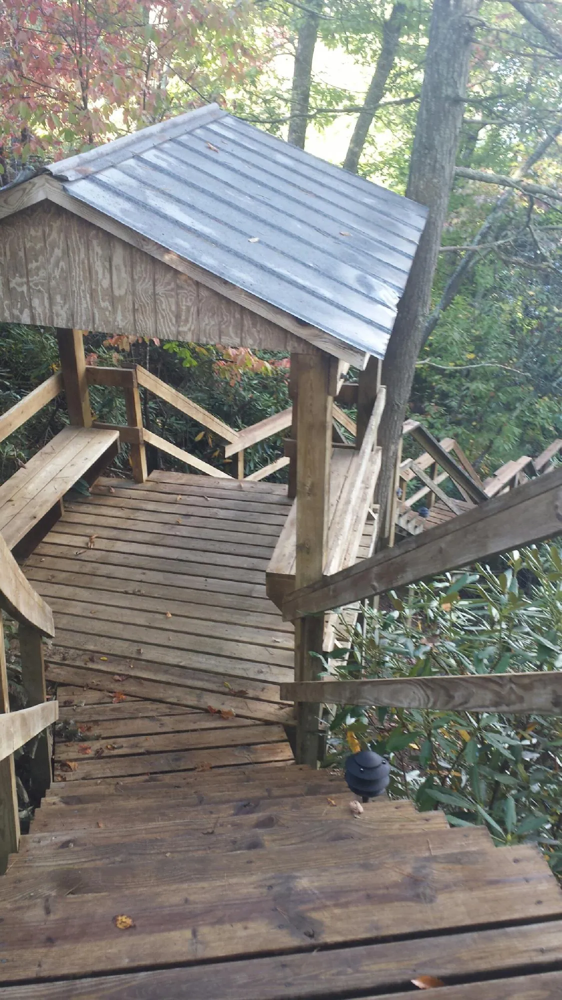 Metal roofed shelter over wooden steps on a wooded walkway — Skylight Repair & Installation work by our crew in Forestdale